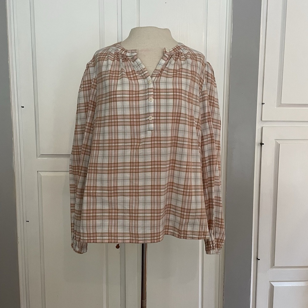 Reformation Jeans Top Women's Size XL Peach Plaid Long‎ Puff Sleeve Button Front